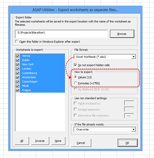 Export sheets as Excel files - Choose values or formulas